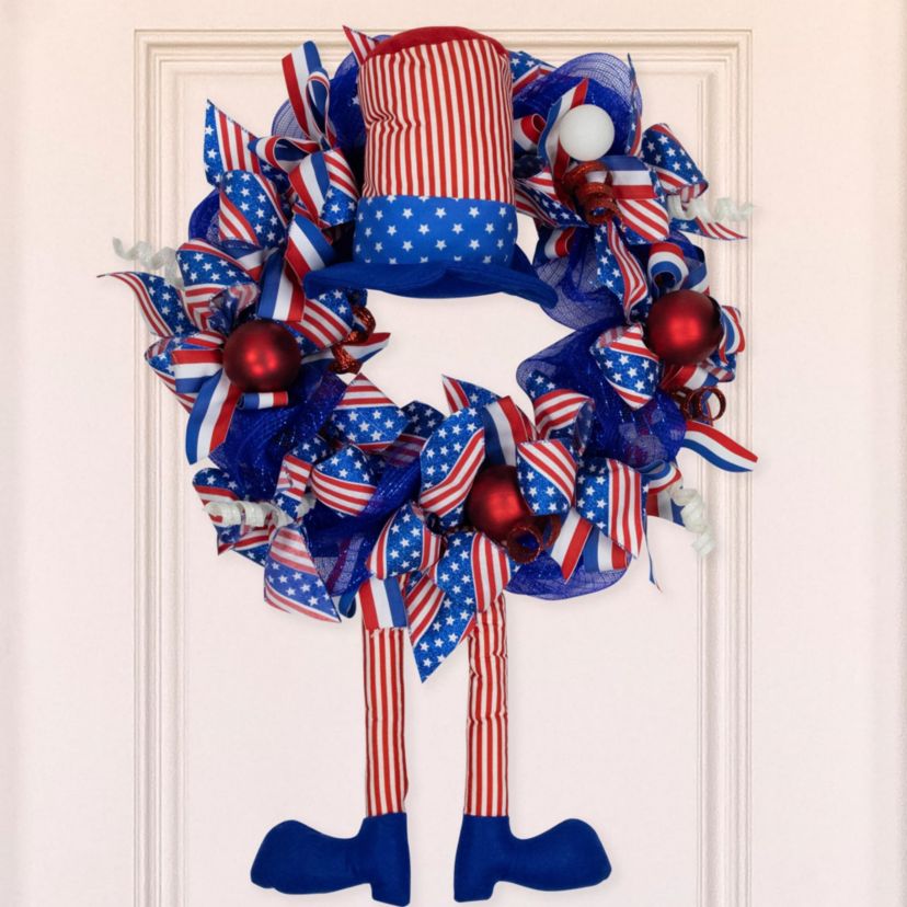 Patriotic Hat with Legs Deco Mesh Ribbon Wreath - 24"