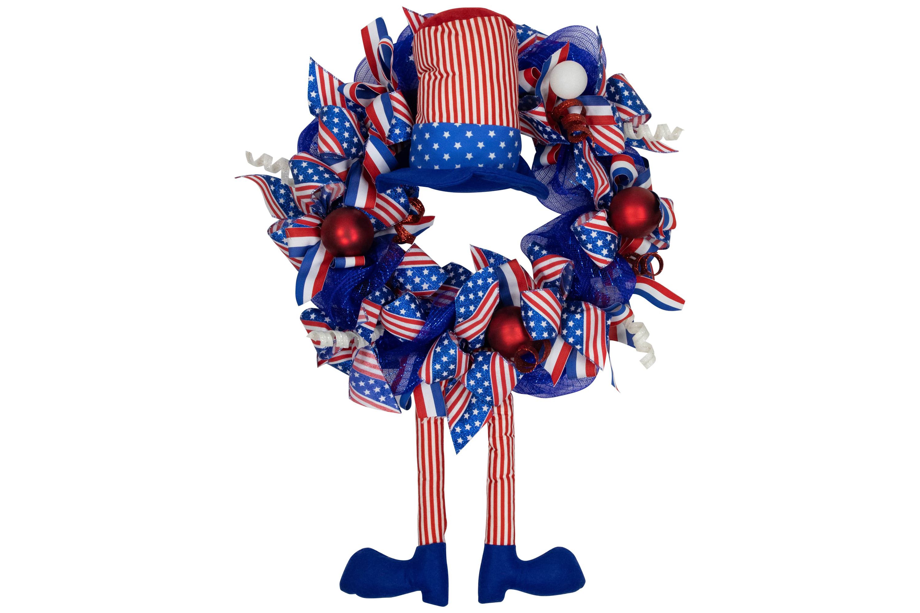 Patriotic Hat with Legs Deco Mesh Ribbon Wreath - 24"