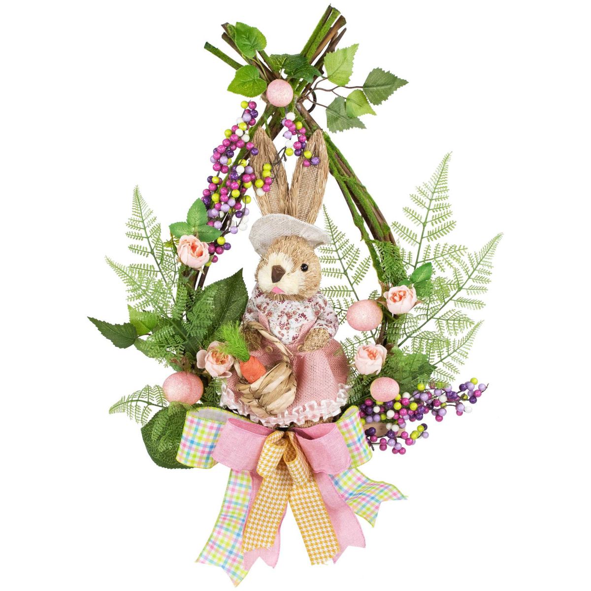 Flower Bunny Moss Vines Teardrop Easter Wreath - 22" - Pink - Unlit