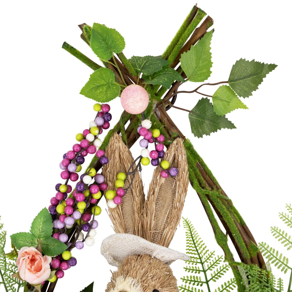 Flower Bunny Moss Vines Teardrop Easter Wreath - 22" - Pink - Unlit