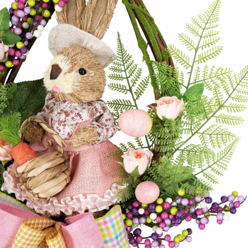 Flower Bunny Moss Vines Teardrop Easter Wreath - 22" - Pink - Unlit