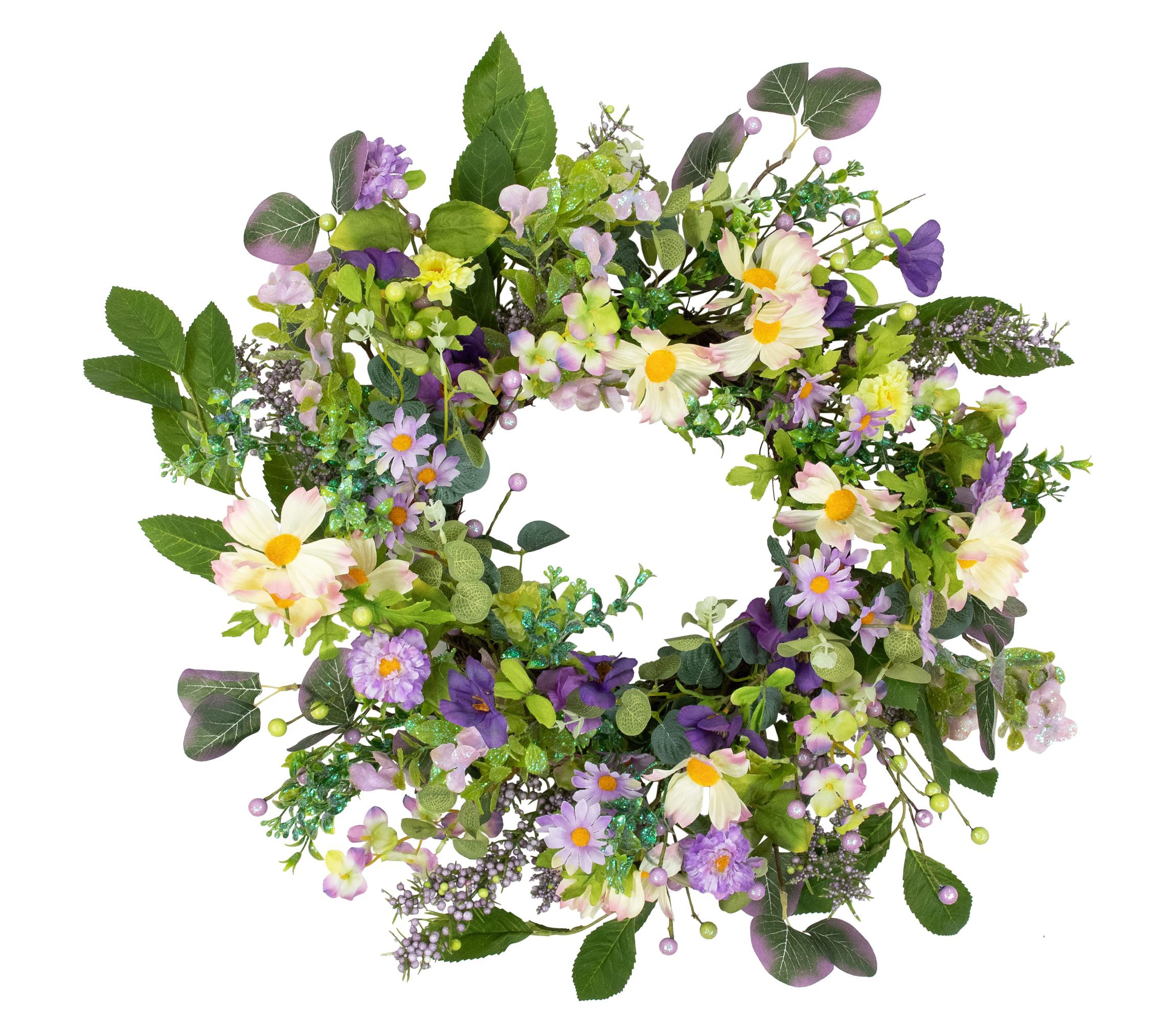 Purple Daisy and Mixed Foliage Floral Spring Wreath  24-Inch
