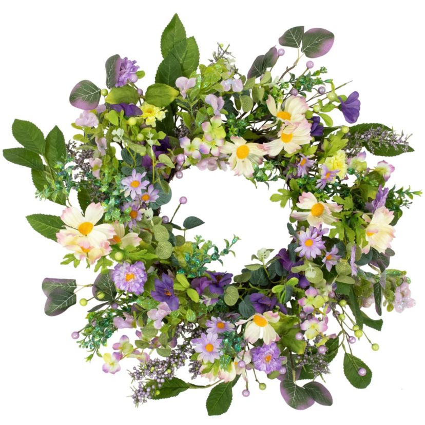 Purple Daisy and Mixed Foliage Floral Spring Wreath  24-Inch