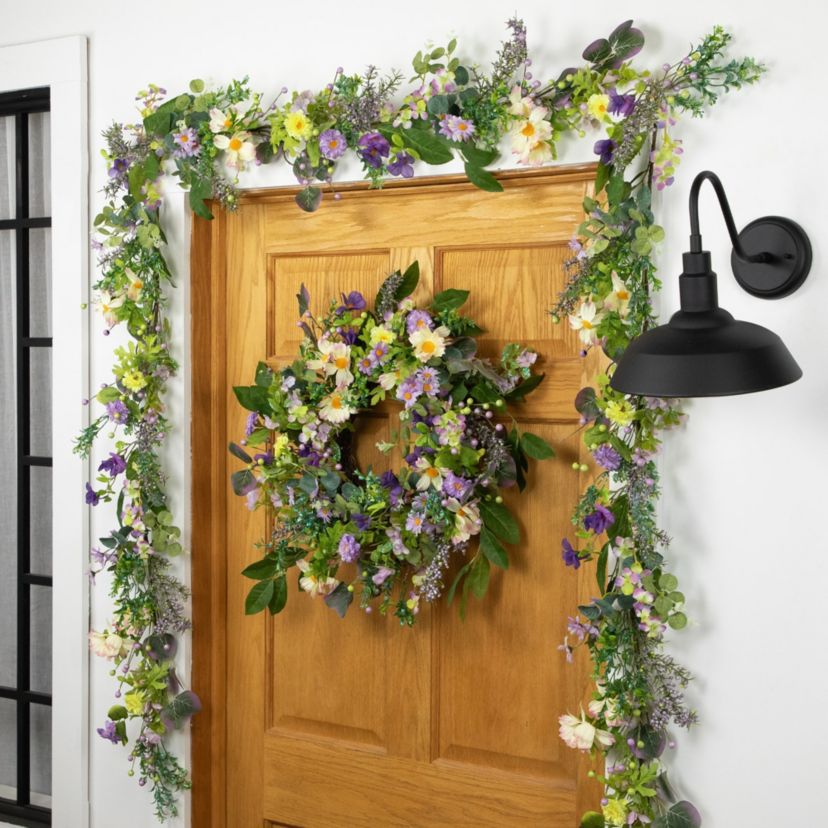 Purple Daisy and Mixed Foliage Floral Spring Wreath  24-Inch