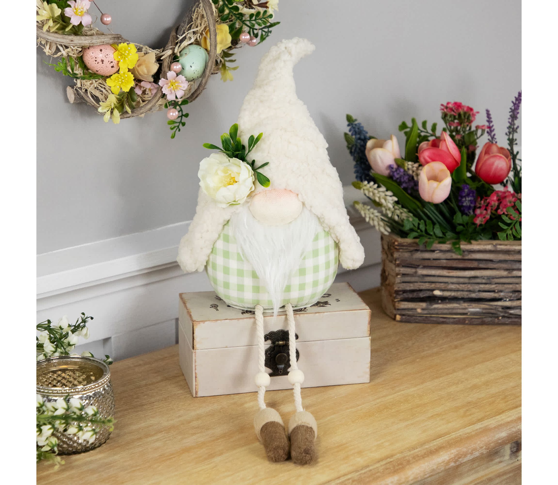 Plush Sitting Gnome with Dangling Legs Spring Figurine -10.5"