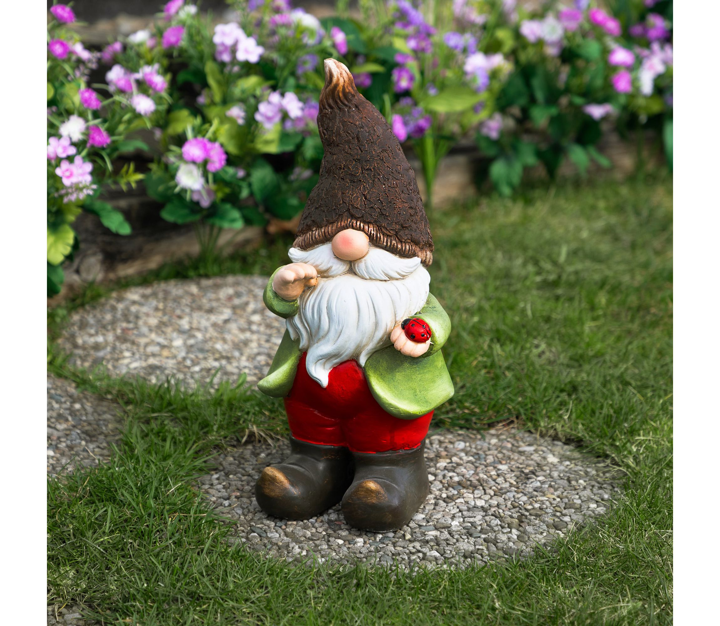 Gnome with Ladybug Outdoor Garden Statue - 15.75"