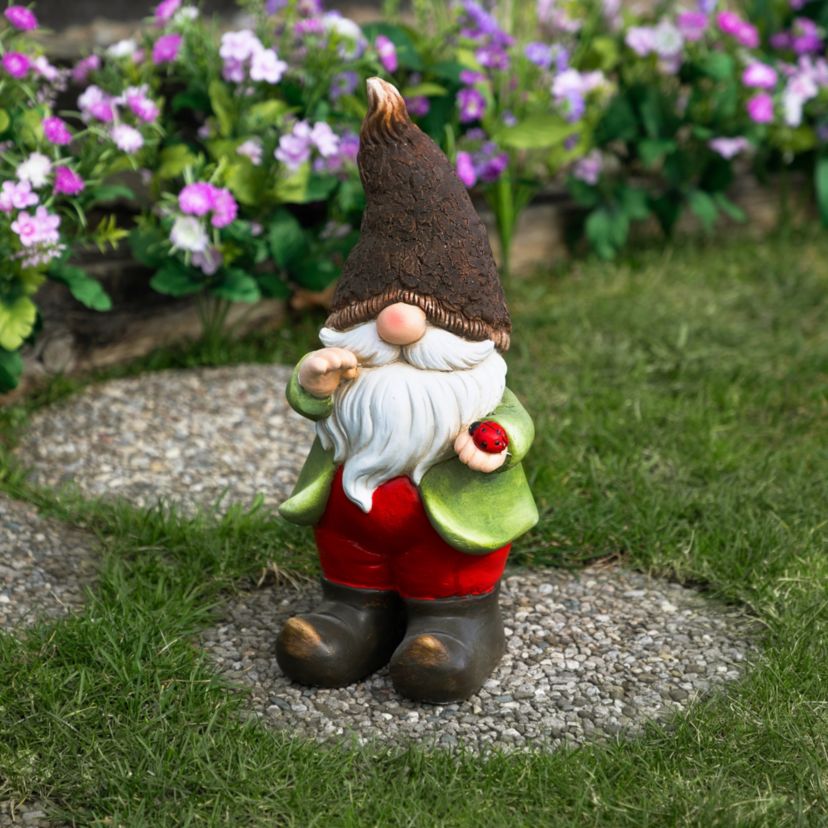 Gnome with Ladybug Outdoor Garden Statue - 15.75"