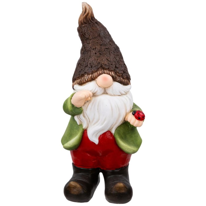 Gnome with Ladybug Outdoor Garden Statue - 15.75"