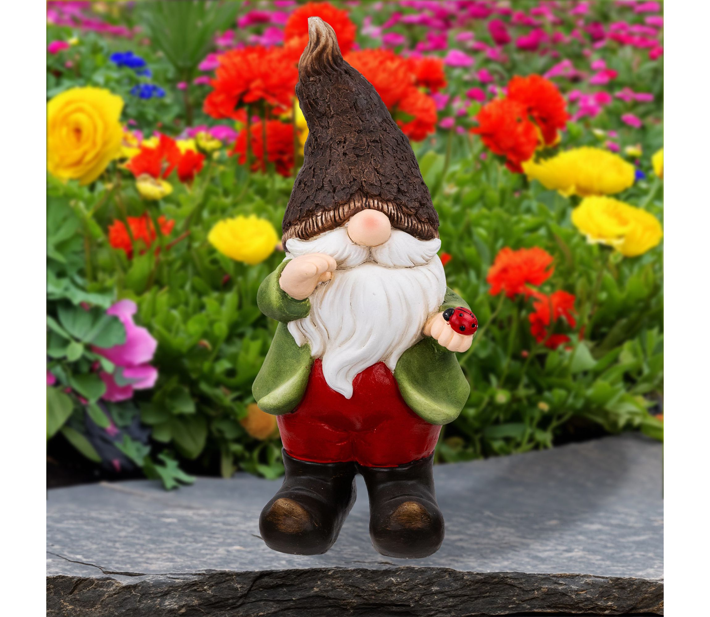 Gnome with Ladybug Outdoor Garden Statue - 15.75"