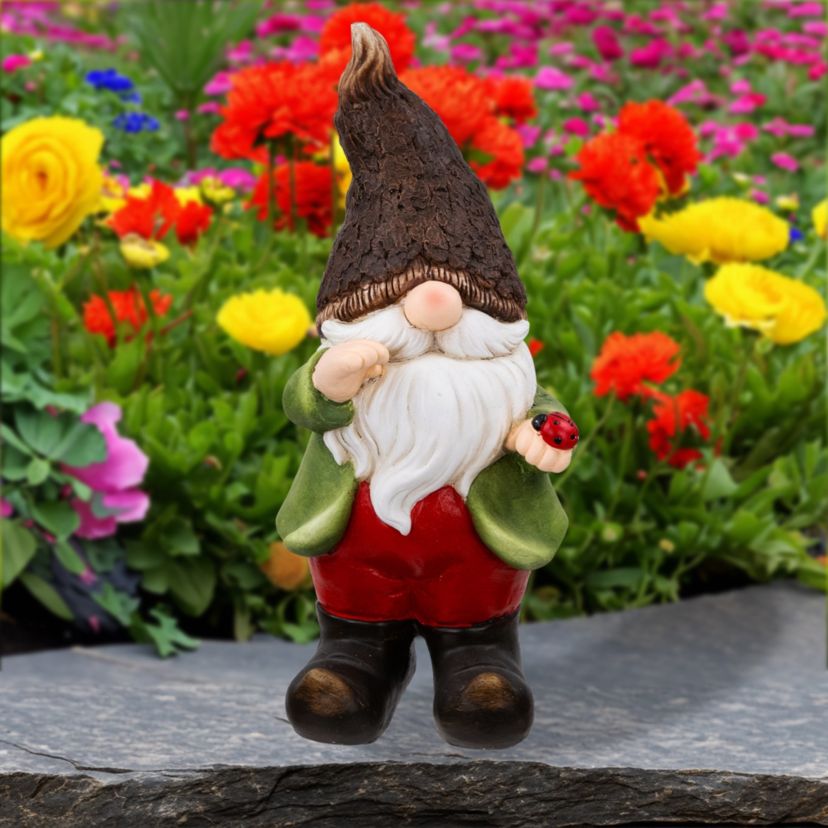 Gnome with Ladybug Outdoor Garden Statue - 15.75"