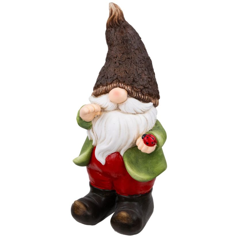 Gnome with Ladybug Outdoor Garden Statue - 15.75"