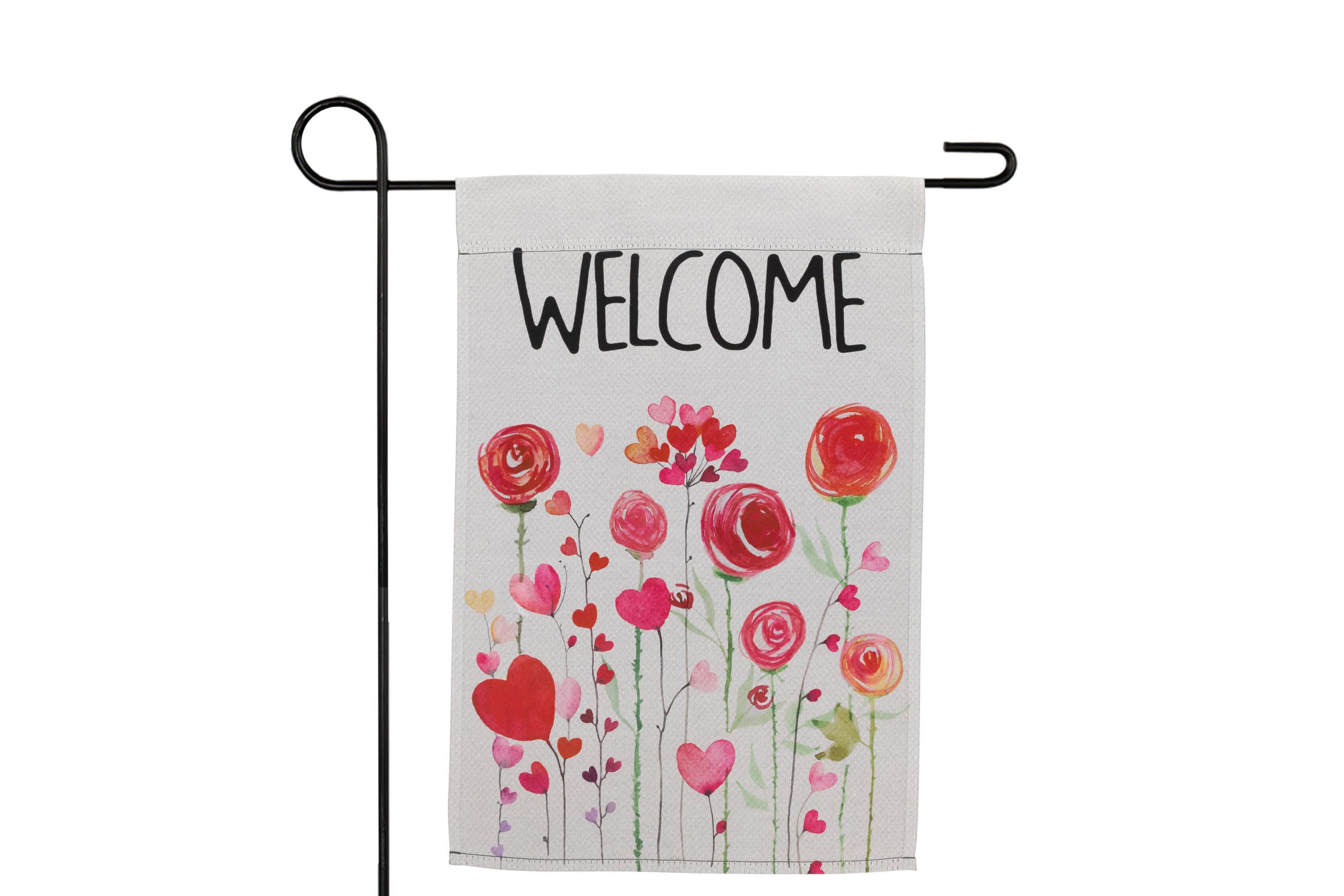 Roses and Hearts Floral "Welcome" Outdoor Garden Flag 18" x 12.5"