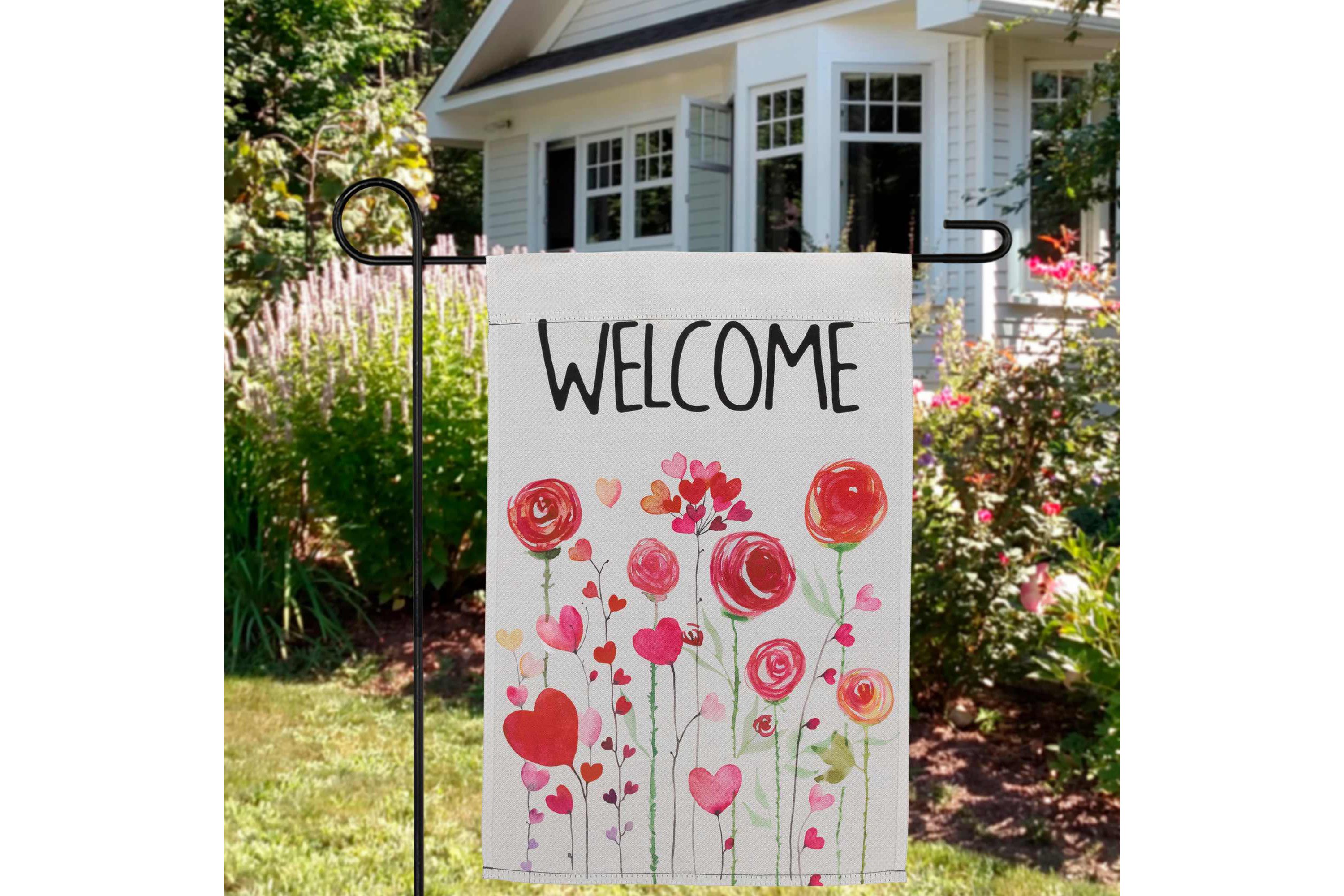 Roses and Hearts Floral "Welcome" Outdoor Garden Flag 18" x 12.5"