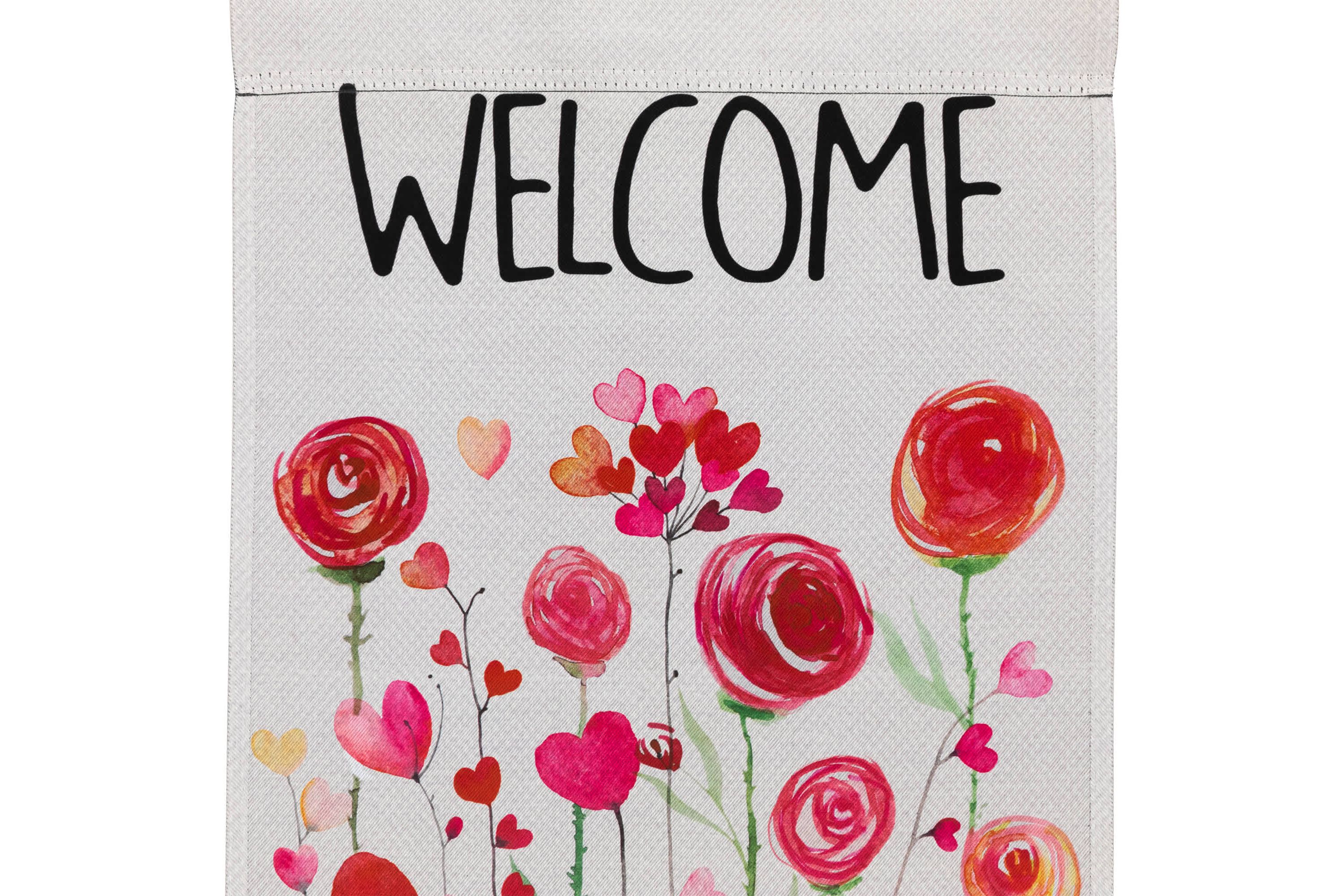 Roses and Hearts Floral "Welcome" Outdoor Garden Flag 18" x 12.5"