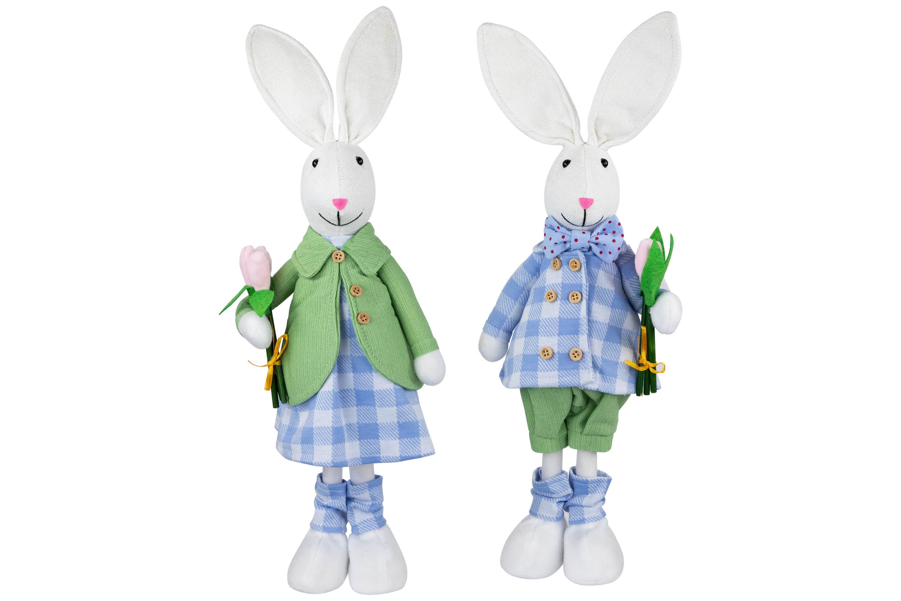 Bunny Couple in Matching Checkered Outfits Easter Figures - 18.75" - Set of 2