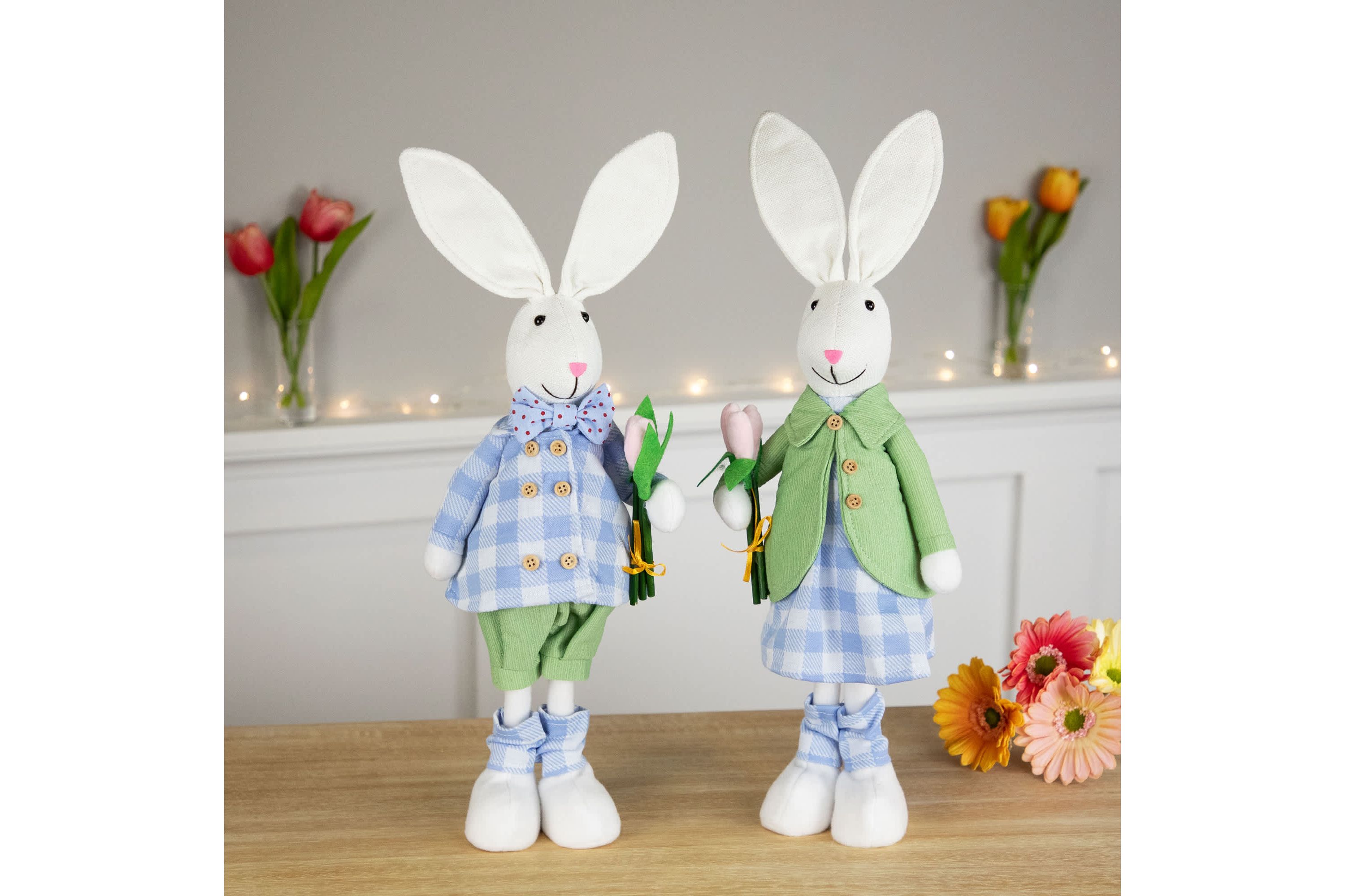 Bunny Couple in Matching Checkered Outfits Easter Figures - 18.75" - Set of 2