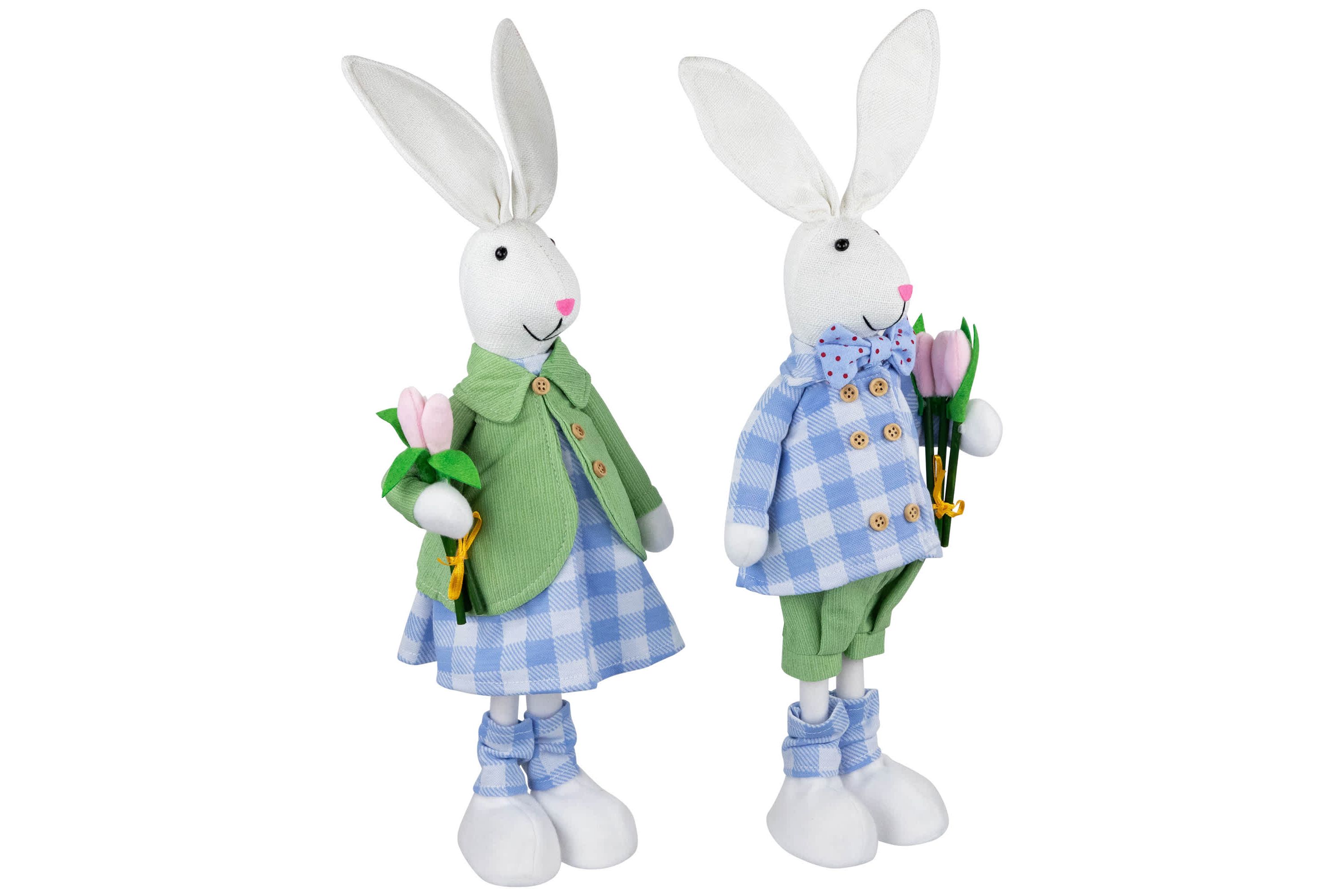 Bunny Couple in Matching Checkered Outfits Easter Figures - 18.75" - Set of 2