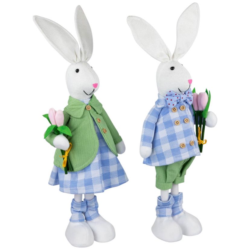 Bunny Couple in Matching Checkered Outfits Easter Figures - 18.75" - Set of 2