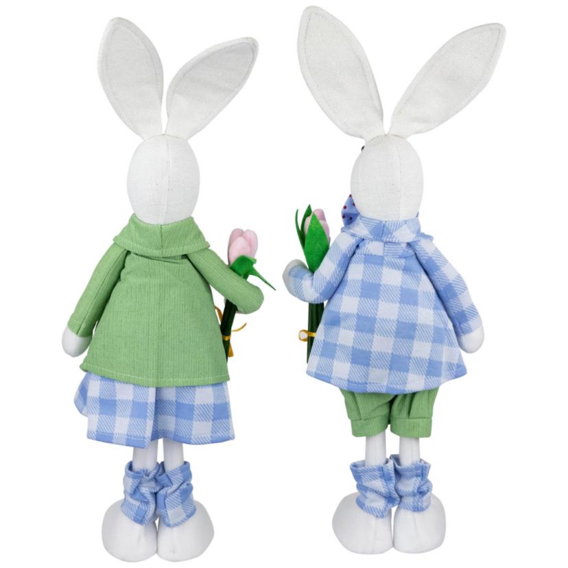 Bunny Couple in Matching Checkered Outfits Easter Figures - 18.75" - Set of 2