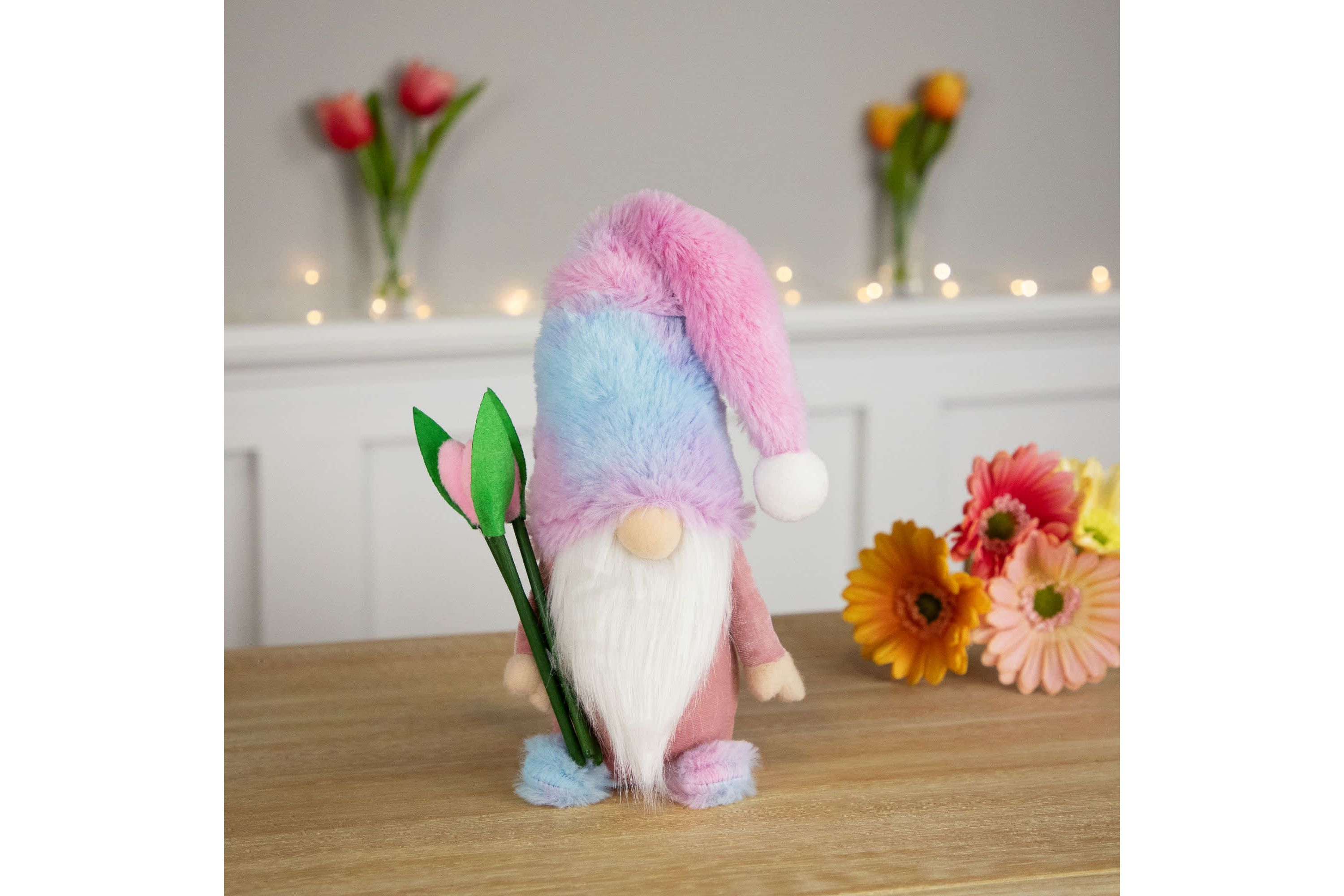 Gnome Boy with Tulips Spring Figurine - 15" - Purple and Blue