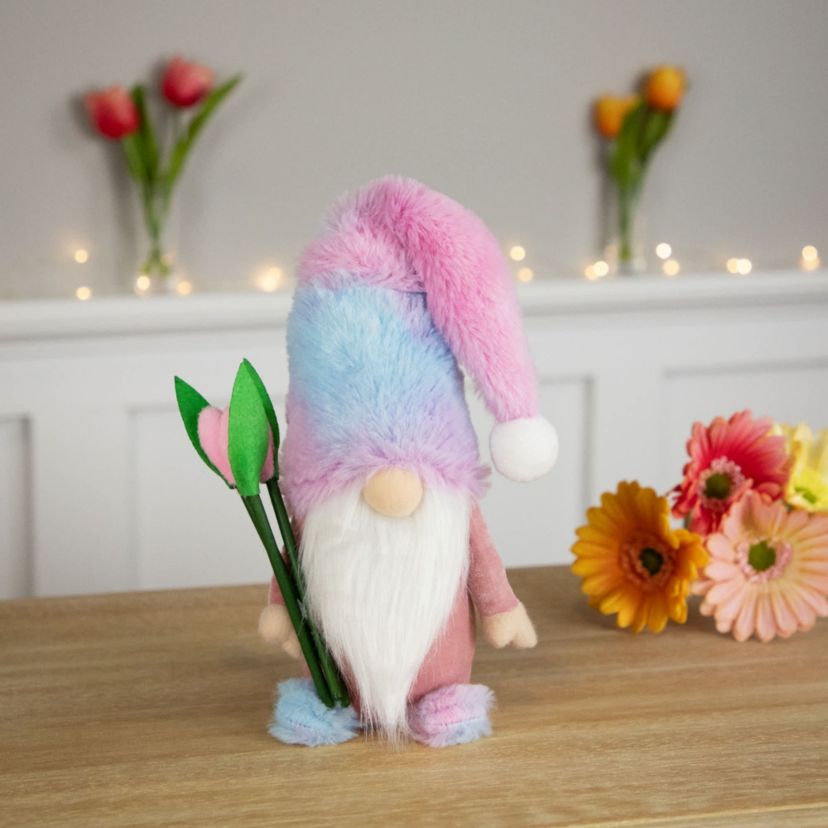 Gnome Boy with Tulips Spring Figurine - 15" - Purple and Blue