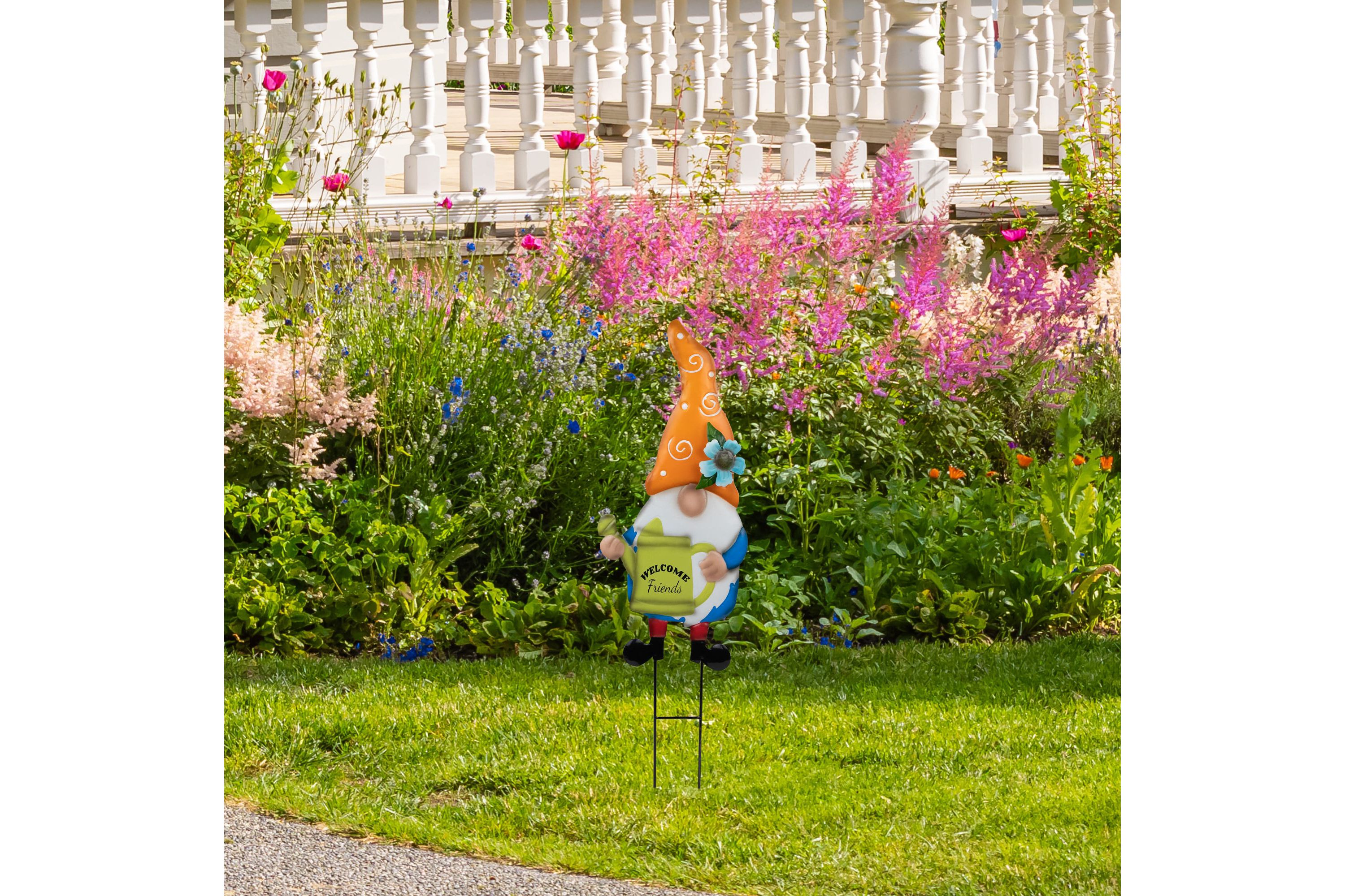 Welcome Friends Gnome Spring Outdoor Garden Stake - 22" - Orange