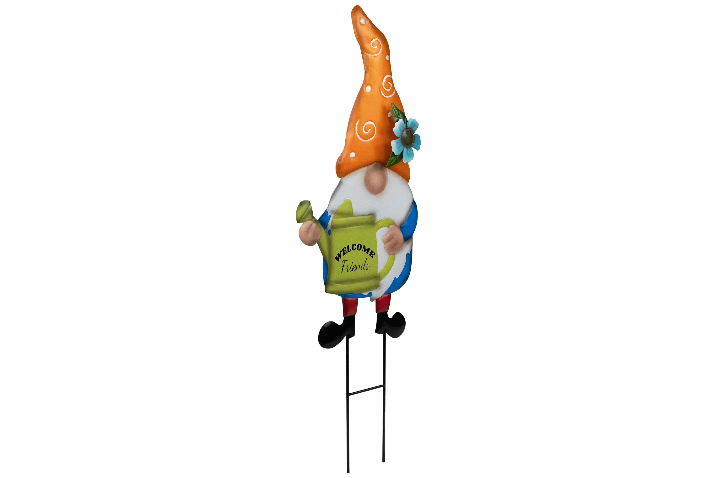 Welcome Friends Gnome Spring Outdoor Garden Stake - 22" - Orange