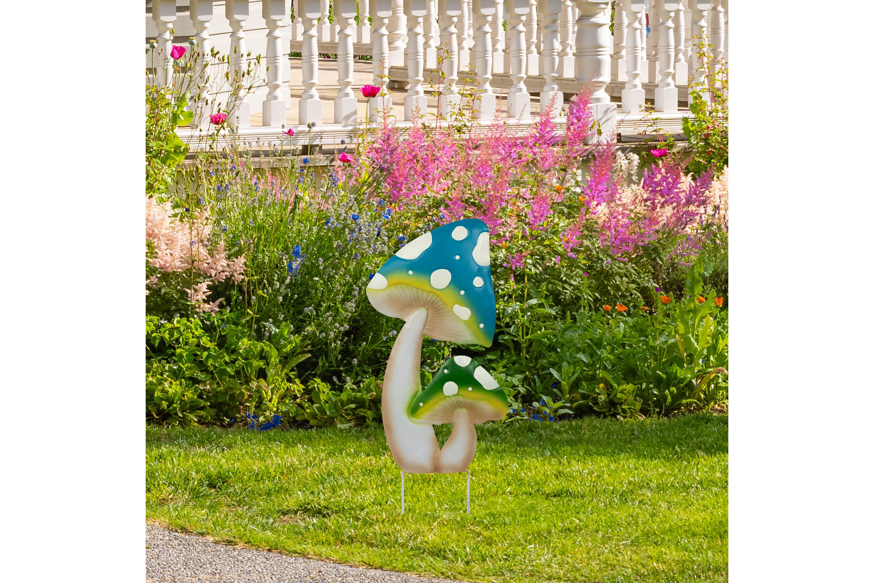 Double Spotted Mushrooms Outdoor Garden Stake - 16" - Blue and Green