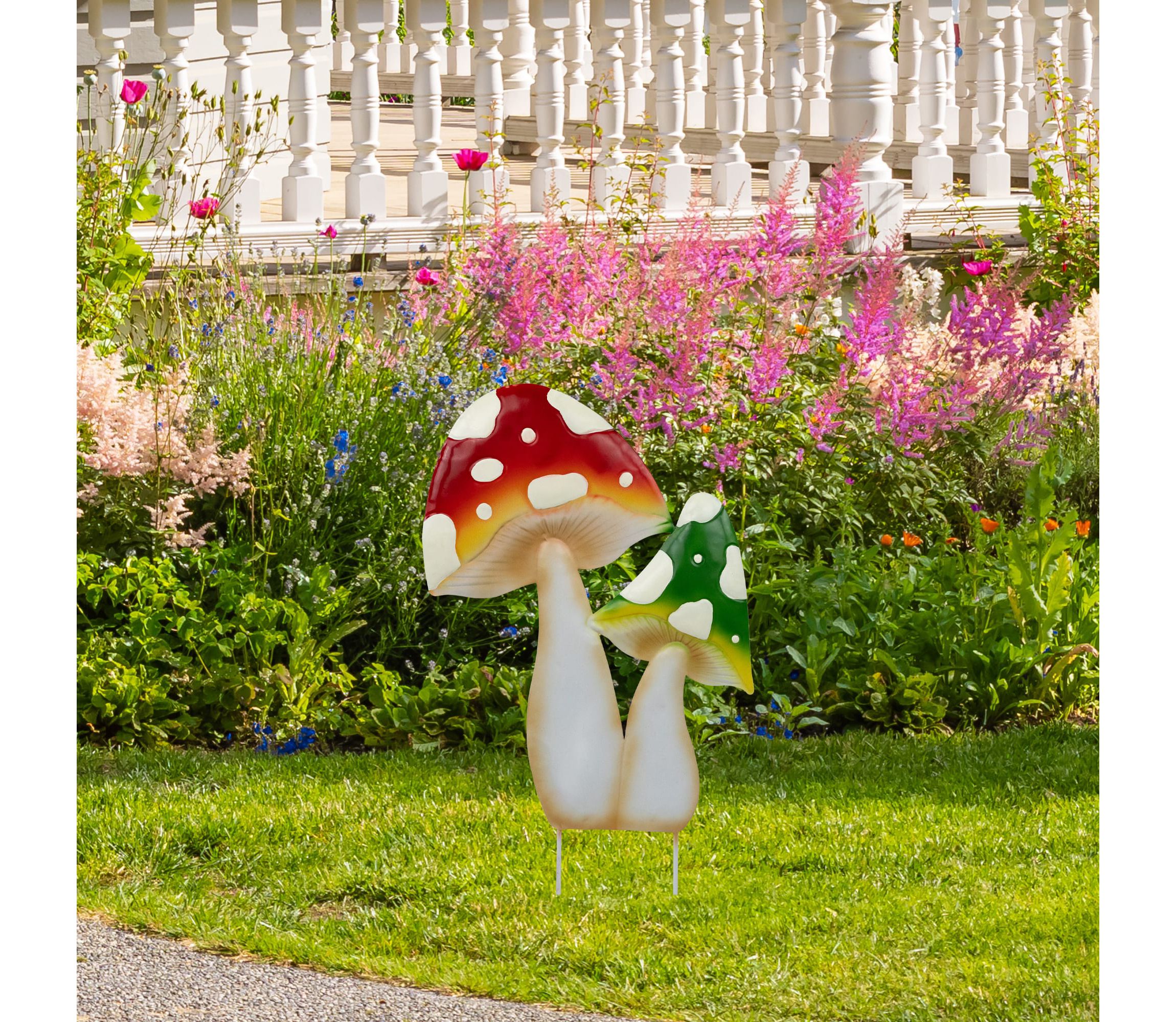 Double Mushrooms Outdoor Garden Stake - 16" - Red and Green