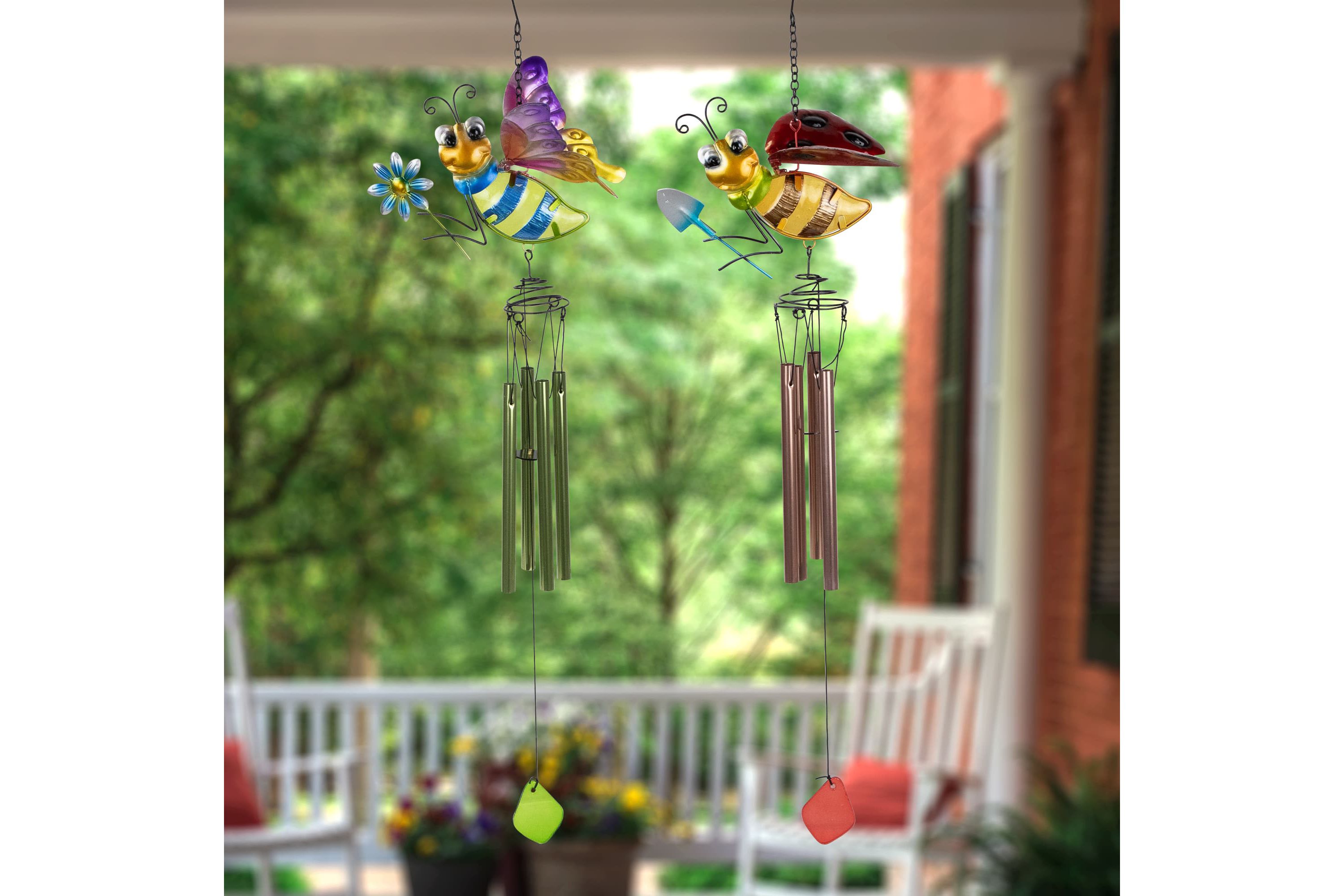 Pink and Green Bees Outdoor Garden Windchimes - 30" - Set of 2