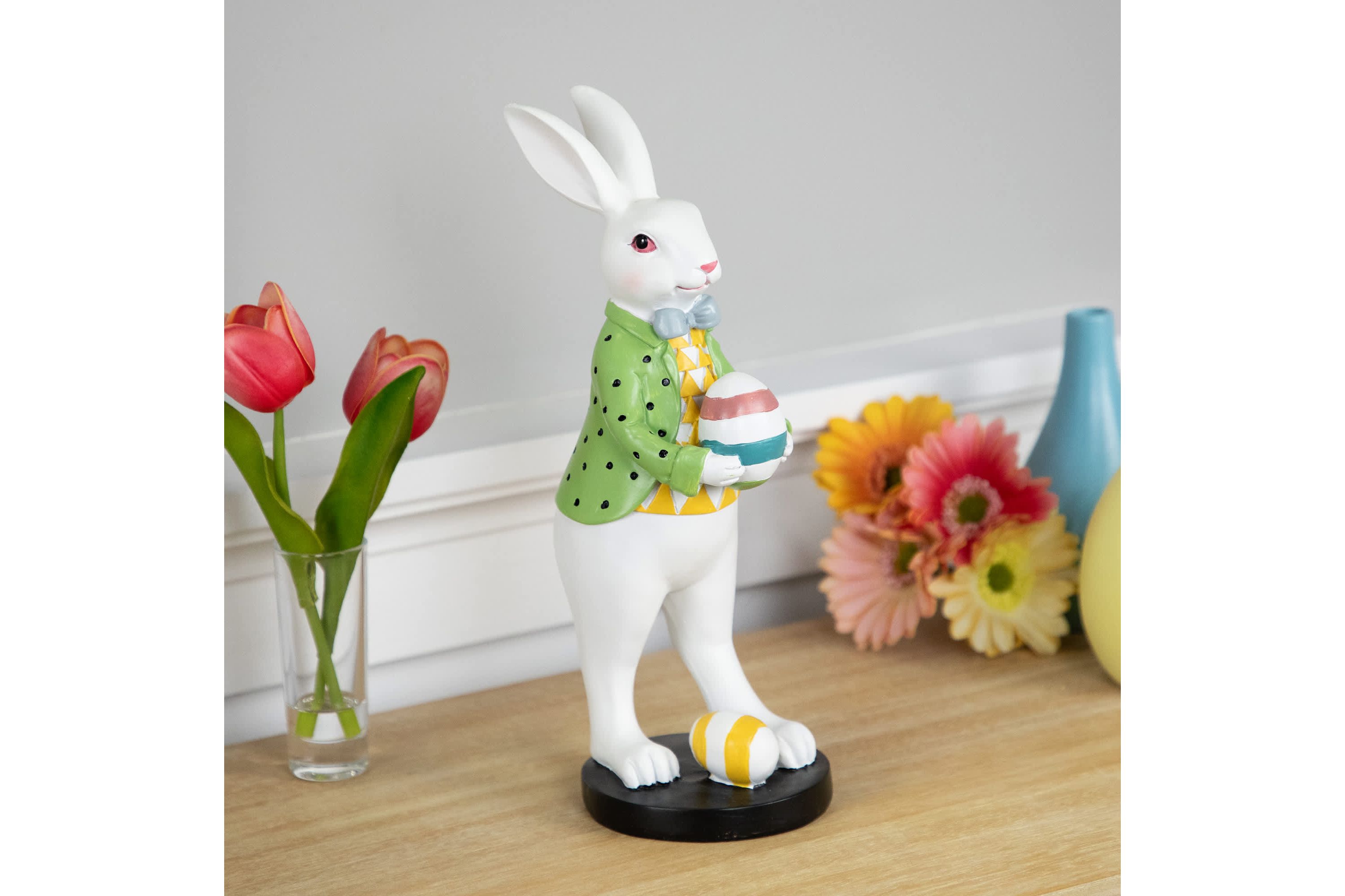 Rabbit Holding Easter Egg Outdoor Garden Statue - 11.5" - White