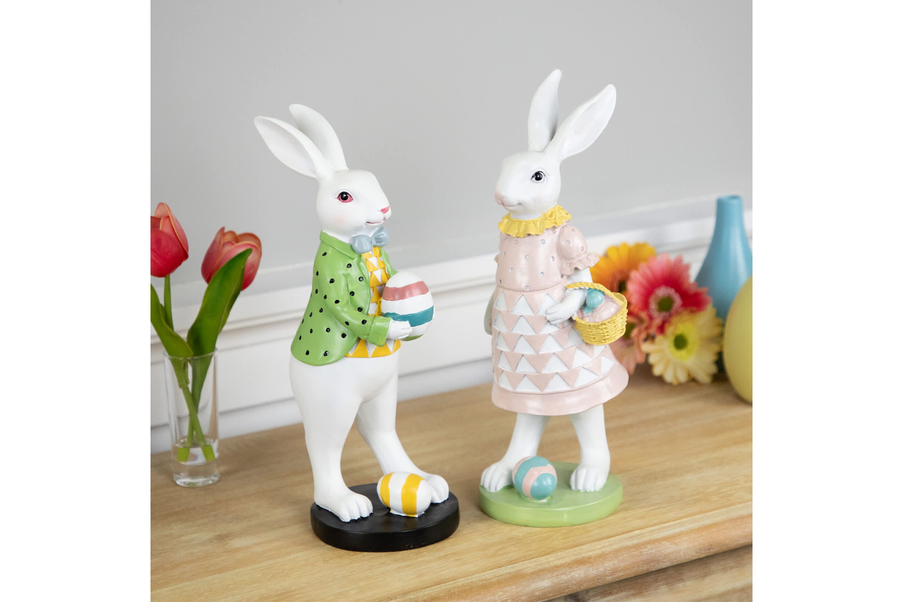 Rabbit Holding Easter Egg Outdoor Garden Statue - 11.5" - White