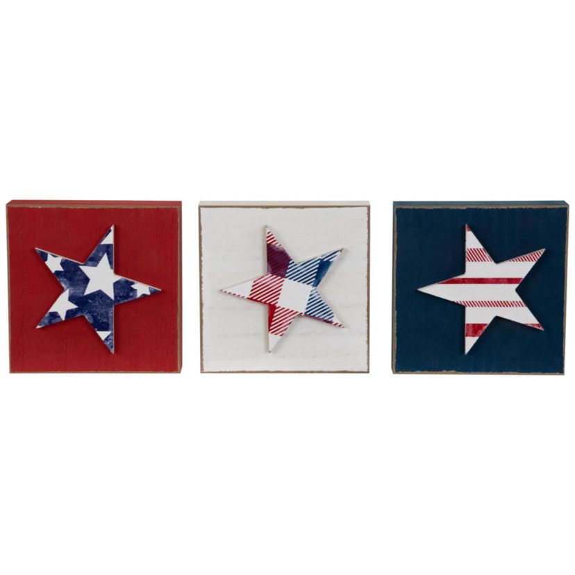 Stars and Stripes Americana Wooden Plaques - 4.25" - Red  White and Blue - Set of 3