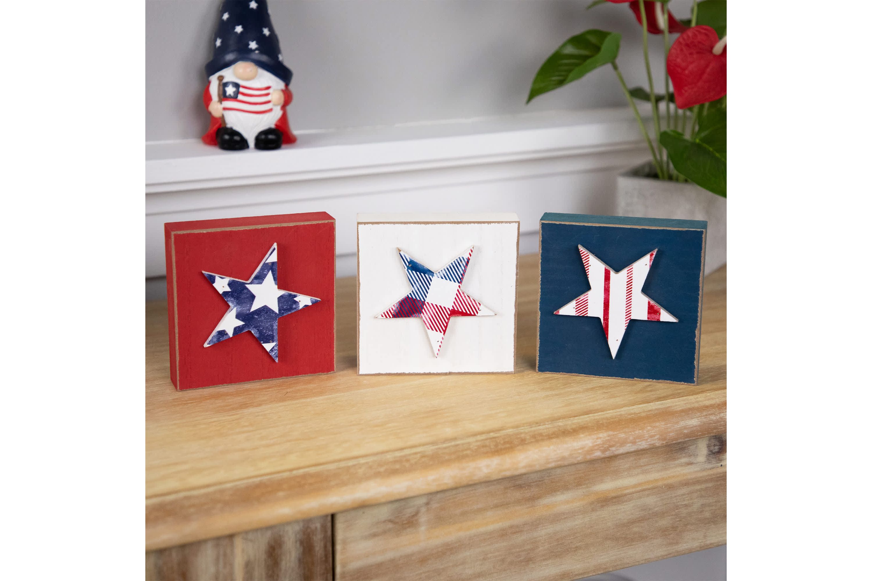 Stars and Stripes Americana Wooden Plaques - 4.25" - Red  White and Blue - Set of 3