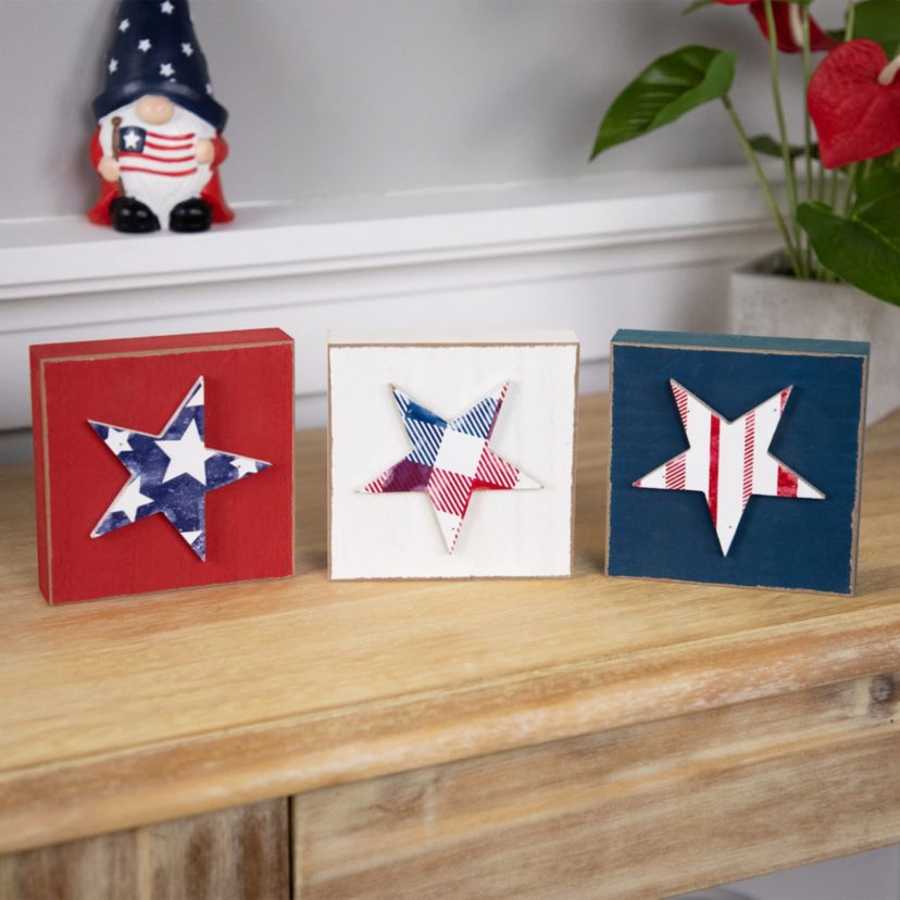 Stars and Stripes Americana Wooden Plaques - 4.25" - Red  White and Blue - Set of 3