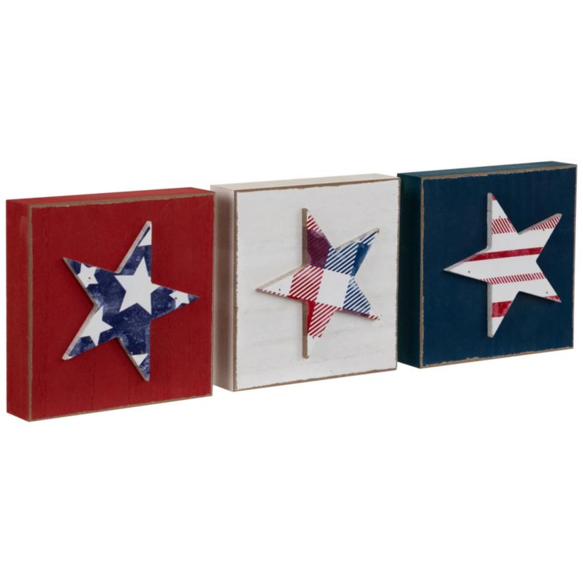 Stars and Stripes Americana Wooden Plaques - 4.25" - Red  White and Blue - Set of 3