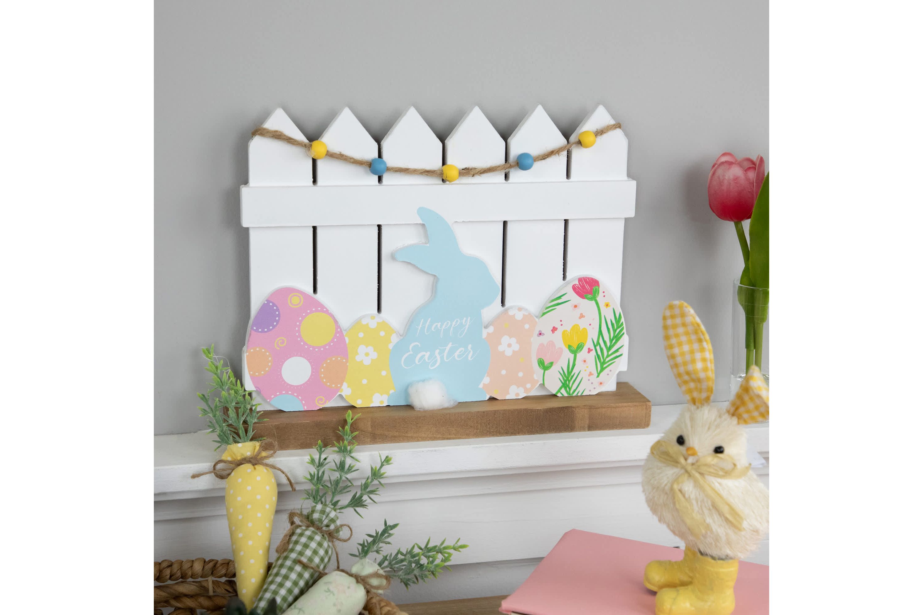Happy Easter Bunny with Picket Fence Decoration - 11.75"