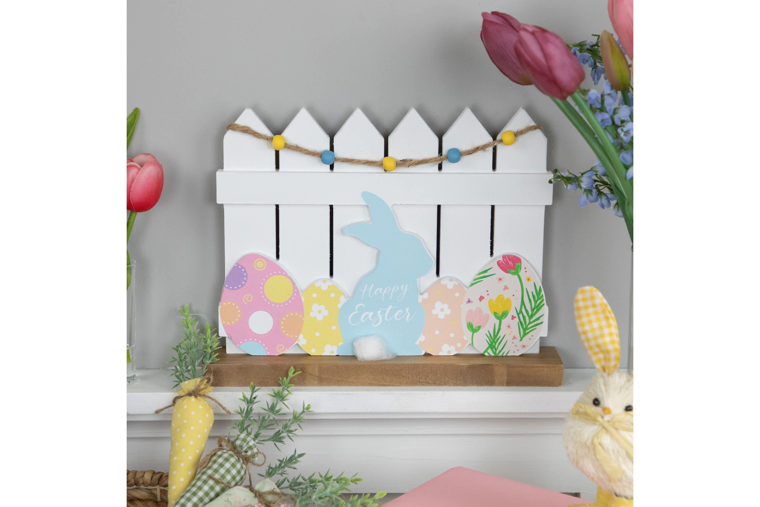 Happy Easter Bunny with Picket Fence Decoration - 11.75"