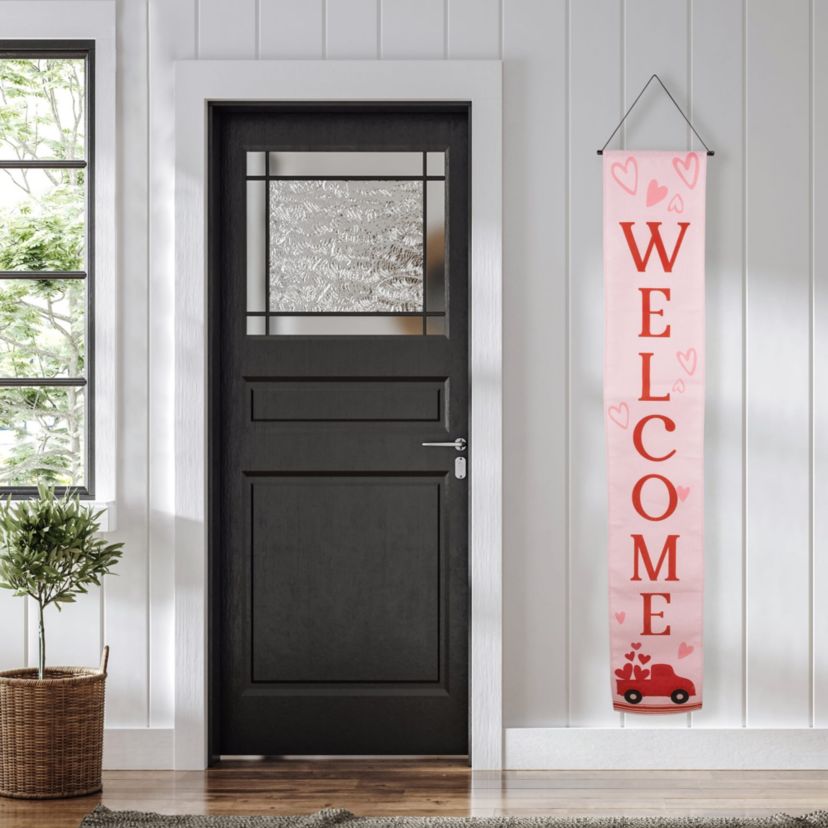 Set of 2 Pink "Welcome" and "Happy Valentines Day" Outdoor Door Banners 71"