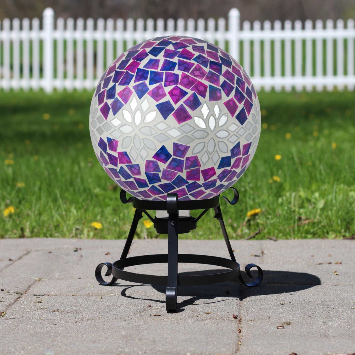 Mosaic Floral Outdoor Garden Gazing Ball - 10" - Purple  Pink and Silver