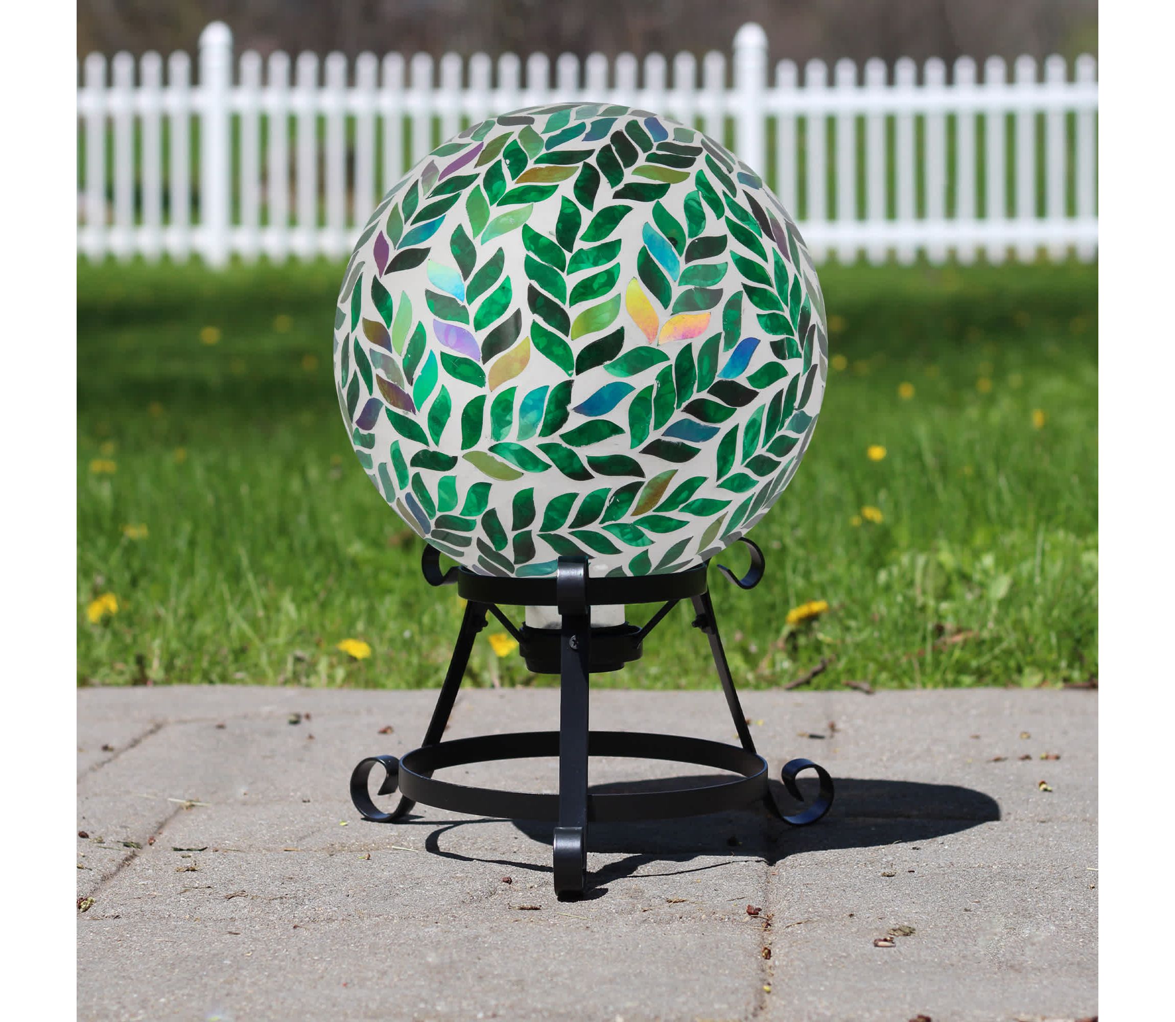 Mosaic Iridescent Leaves Outdoor Garden Gazing Ball - 10" - White and Green
