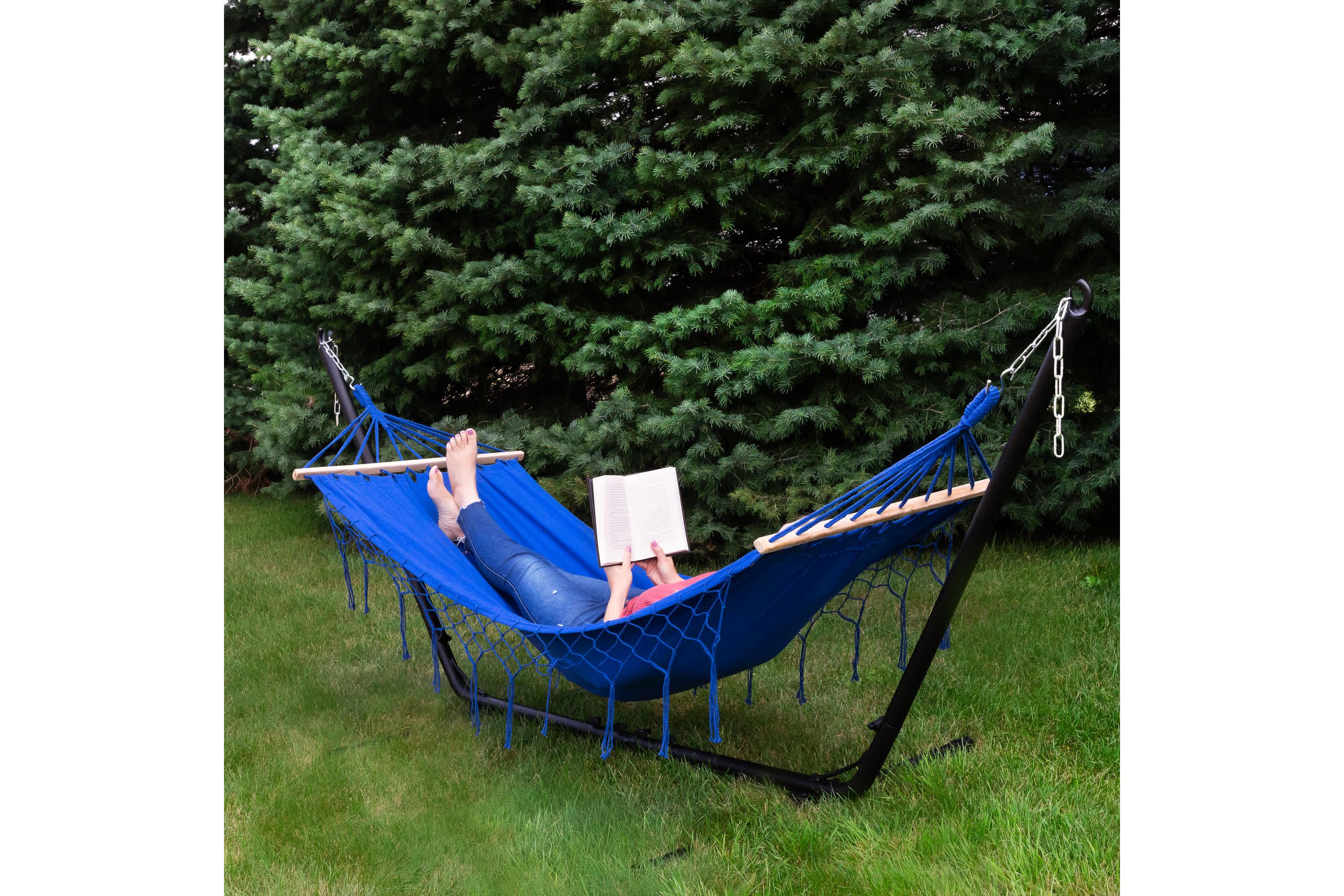 Hammock with Netted Fringe and Wooden Bars - 100" x 41" - Blue