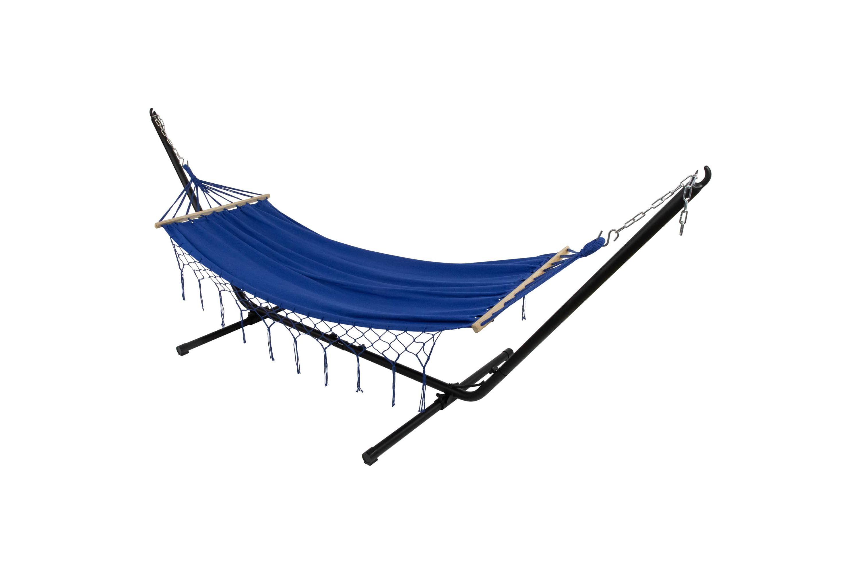 Hammock with Netted Fringe and Wooden Bars - 100" x 41" - Blue