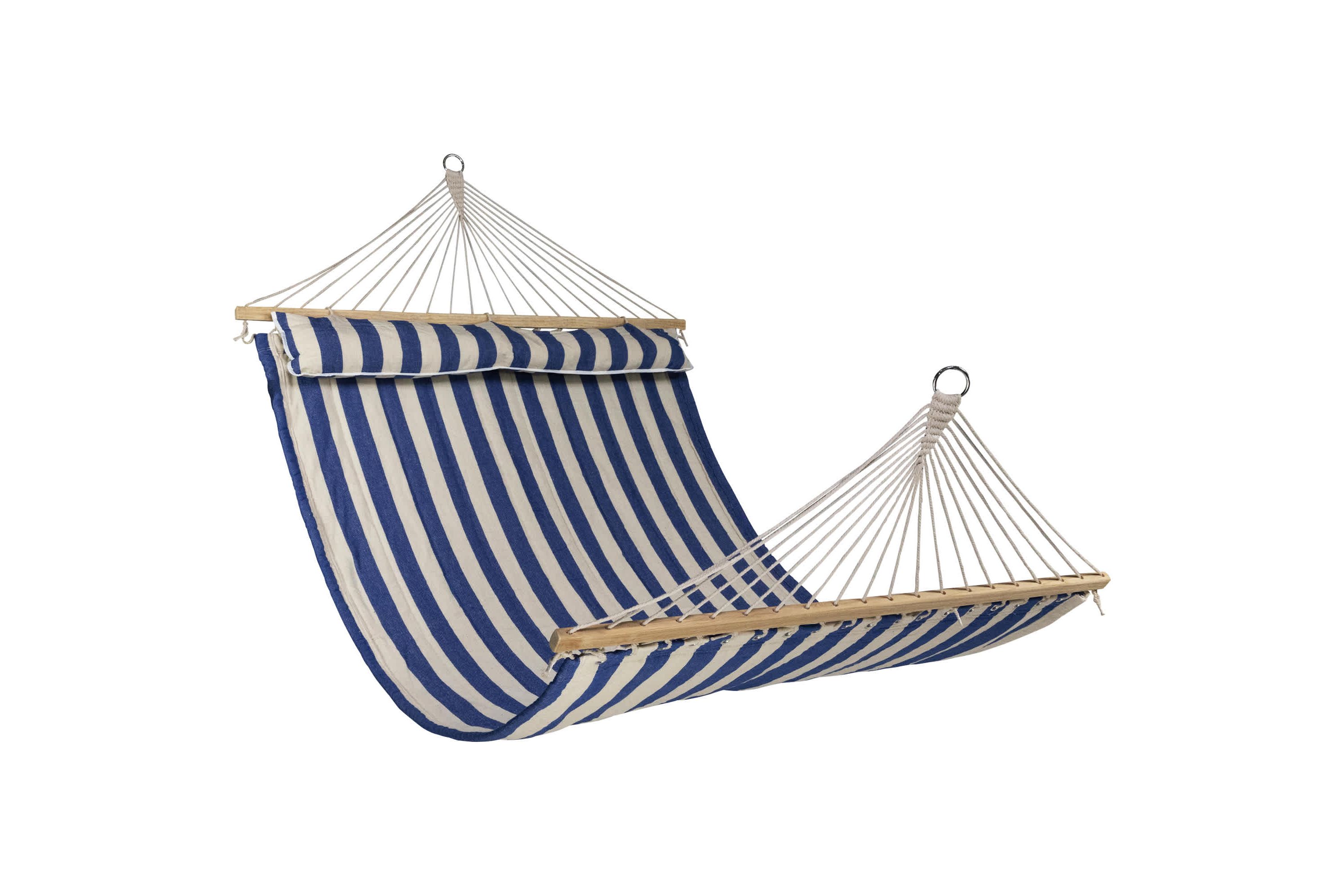 Striped Macrame Quilted Two Person Double Hammock with Pillow - 9 x 55" - Blue and Cream
