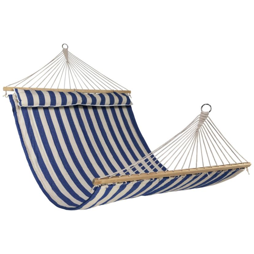 Striped Macrame Quilted Two Person Double Hammock with Pillow - 9 x 55" - Blue and Cream