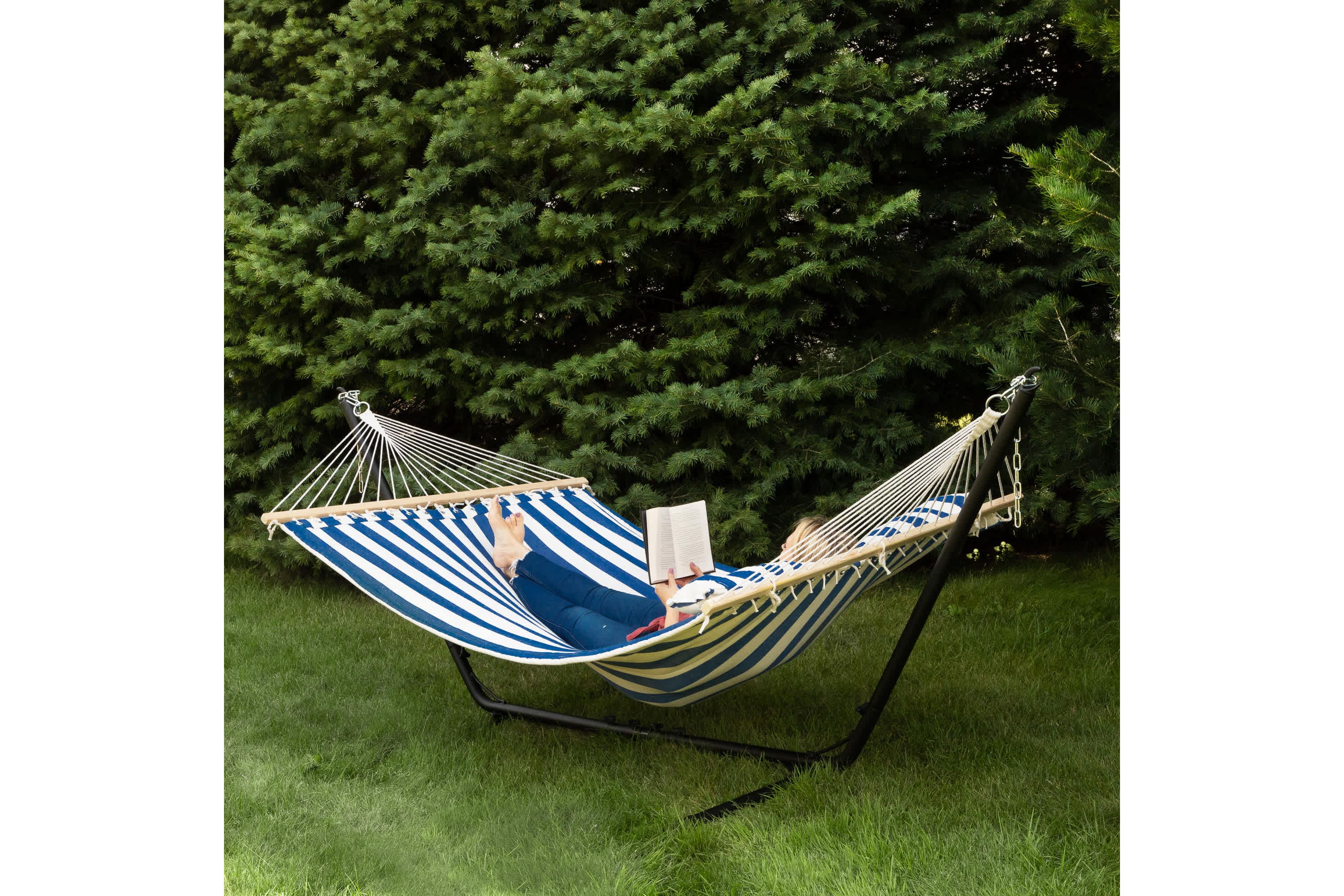Striped Macrame Quilted Two Person Double Hammock with Pillow - 9 x 55" - Blue and Cream