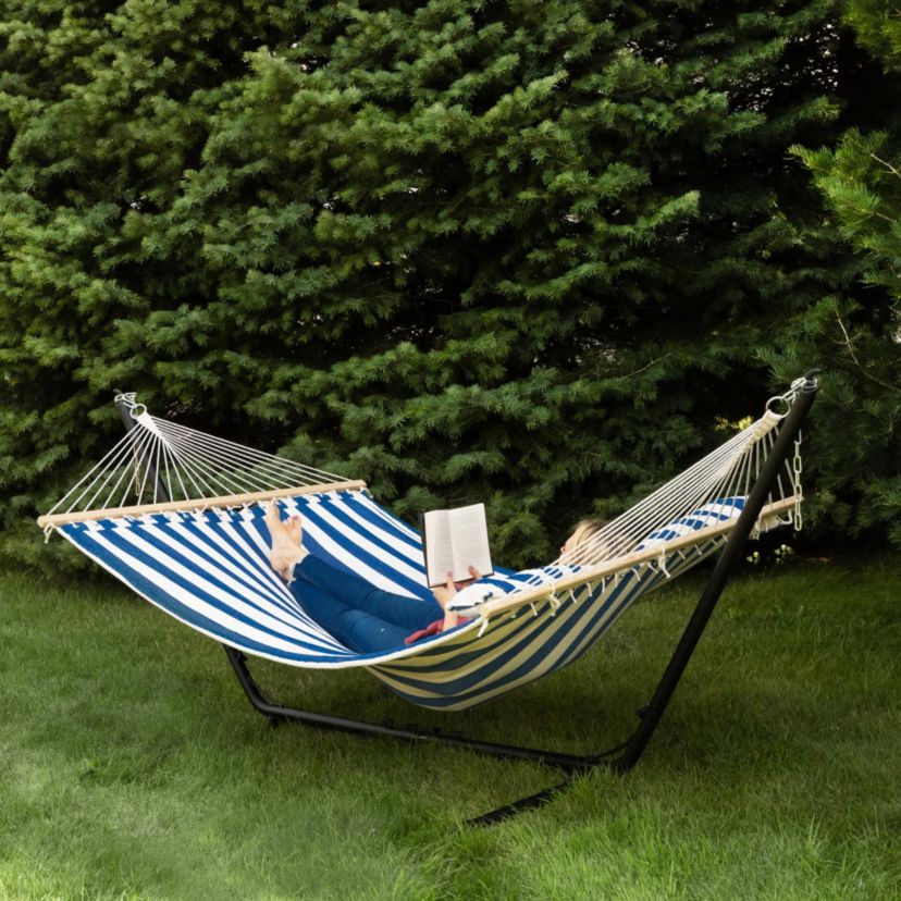 Striped Macrame Quilted Two Person Double Hammock with Pillow - 9 x 55" - Blue and Cream