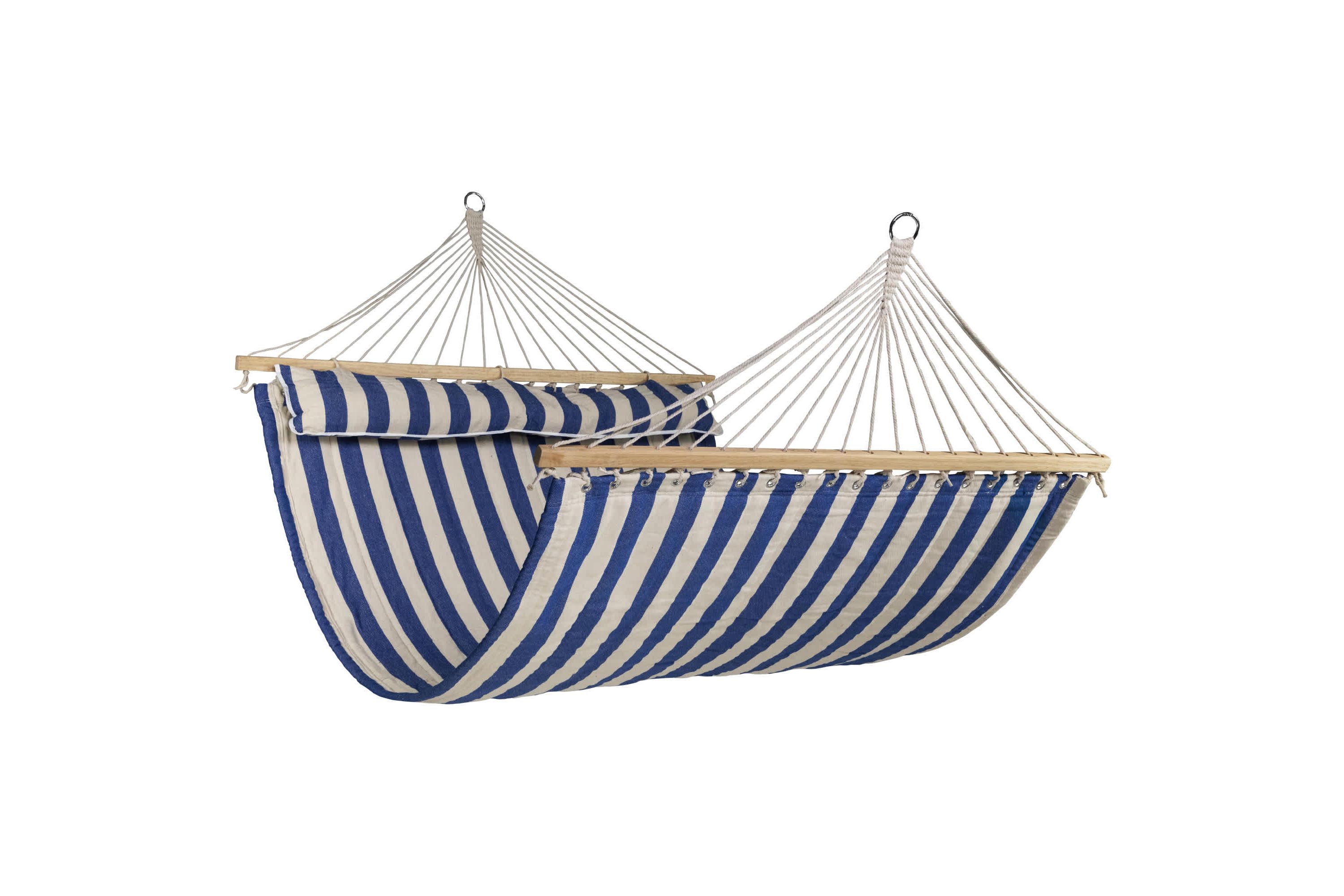 Striped Macrame Quilted Two Person Double Hammock with Pillow - 9 x 55" - Blue and Cream
