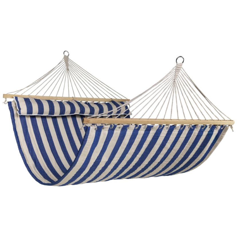 Striped Macrame Quilted Two Person Double Hammock with Pillow - 9 x 55" - Blue and Cream