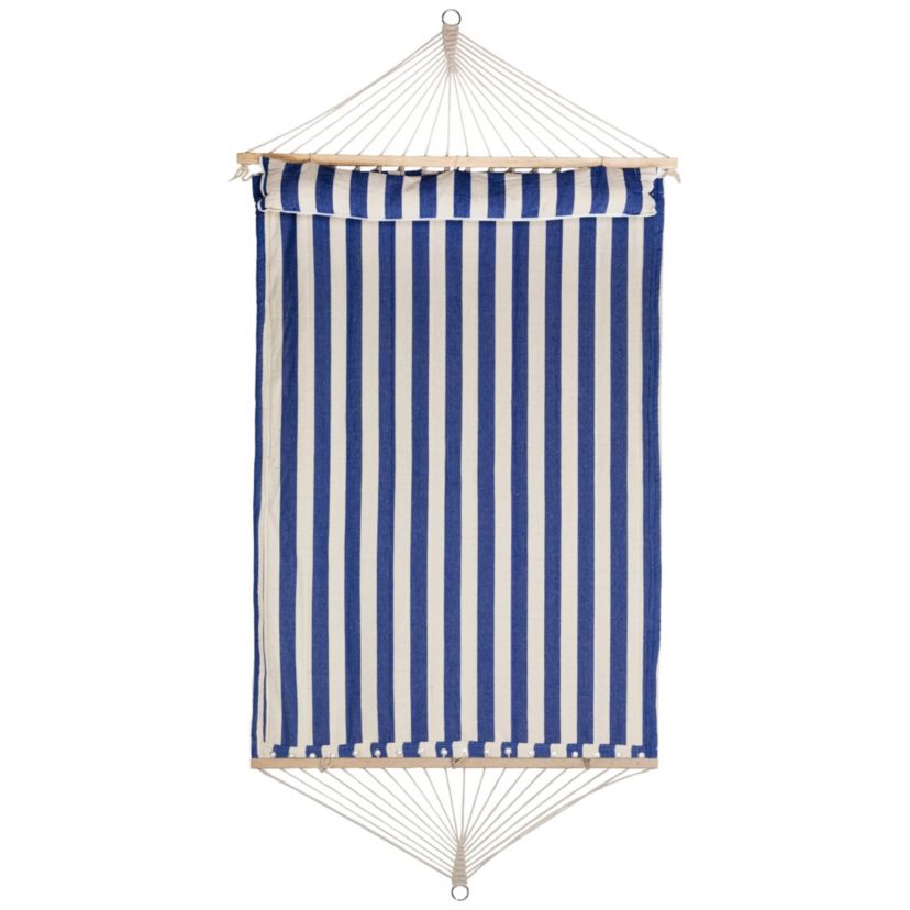 Striped Macrame Quilted Two Person Double Hammock with Pillow - 9 x 55" - Blue and Cream